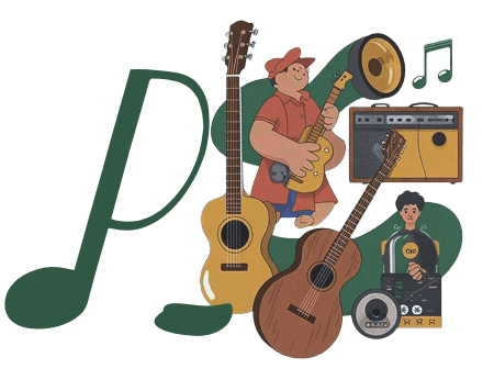 Fachada e instrumentos da Pink Music